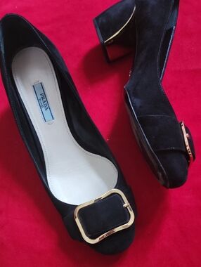 Prada Black Suede Block Heel Pumps with Gold Buckle Size 40